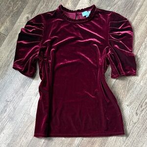 CeCe Velvet Short Sleeve Top in Deep Burgundy